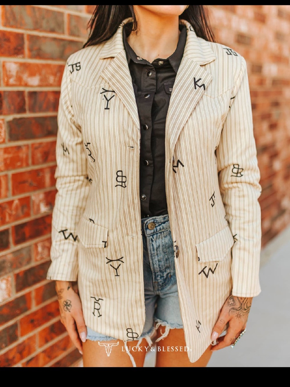 Lucky & Blessed Cream Striped Logo-Print Blazer